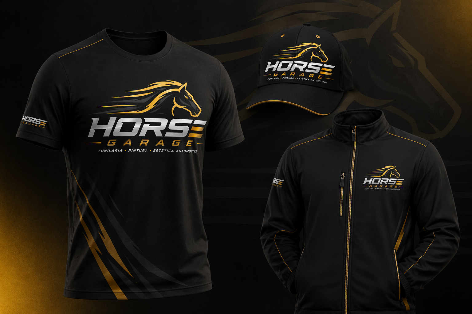 Camiseta, jaqueta e boné Horse Garage — vestuário premium da marca